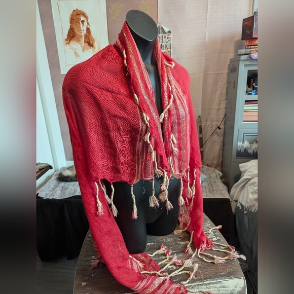 Red/gold scarf/shawl- Tassel details gold fringe lightweight - Picture 1 of 14
